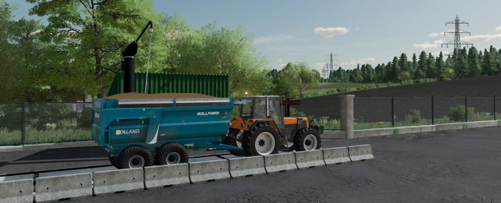 fs25-mods,  FS25 Rollfarm mod showing a tractor with a blue trailer on a farm road.