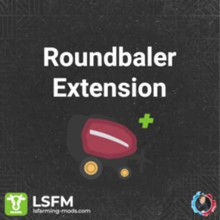 fs25-mods,  Round Baler Extension v1.0.0.0 mod voor FS25, met een ronde balenpers icoon en logo's van lsfarming-mods.com.