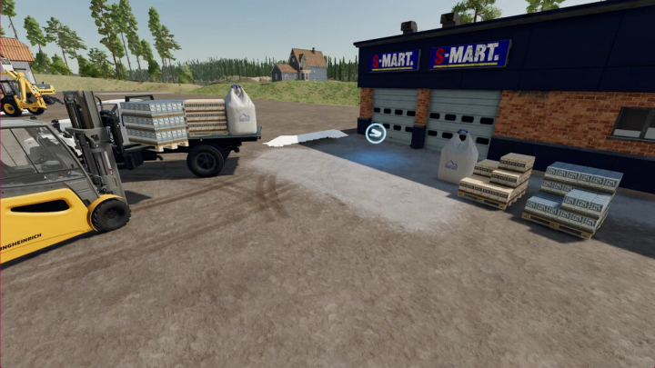 fs22-mods, FS22 Salt Production mod showing a forklift loading salt pallets at S-Mart building.