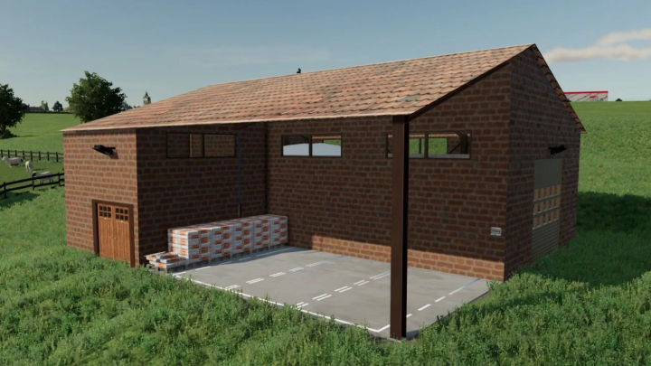 fs22-mods, FS22 mod Salzhalle road maintenance department, a brick salt storage building in a grassy field.