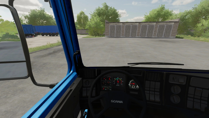 Innenansicht des Scania 113H Flatform Truck-Mods in Farming Simulator 22, zeigt Kabinendetails und Armaturenbrett.