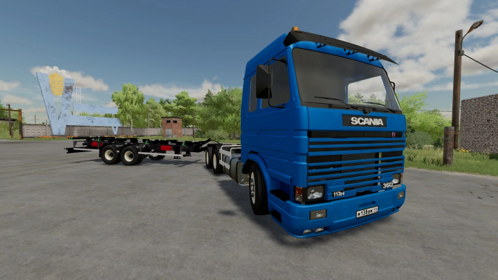 Scania 113H Flatform LKW-Mod in FS22, zeigt blaues Fahrerhaus und Anhängerrahmen für Farming Simulator 22.