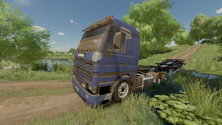 fs22-mods, FS22 mod Scania 113H Flatform parked on dirt road near a pond in Farming Simulator 22.