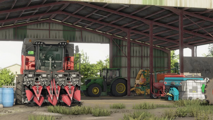 fs22-mods,  FS22 mods: Tractor and farming equipment in a shed, featuring Shader v1.3.0.0 for Farming Simulator 22.