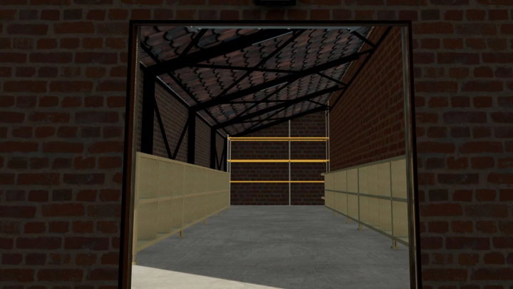 Sheepfold interior in FS22 mod, showing brick walls and metal roof structure. Farming Simulator 22 mod detail.