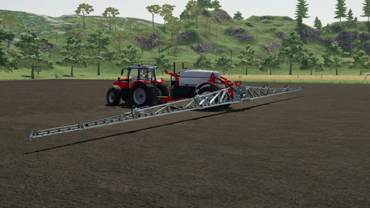 fs22-mods,  FS22 mod Sprayer KUHN METRIS 4102 attached to tractor on a field in Farming Simulator 22.