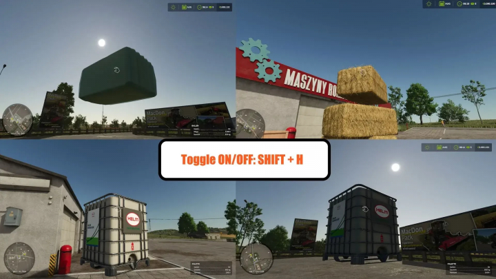 fs25-mods,  FS25 Super Strength Mod v1.0.0.0 Bild zeigt angehobene Objekte in Farming Simulator 25. Umschalten mit der Taste SHIFT + H.