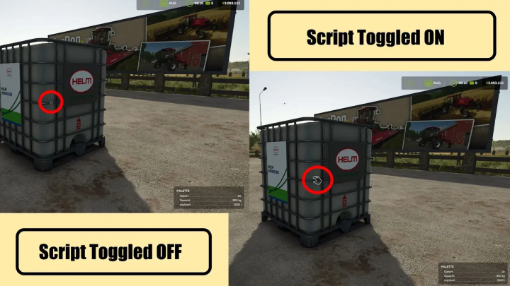 fs25-mods,  Imagem do mod FS25 SuperStrength v1.1.0.0 mostrando o script desligado e ligado ao lado de um recipiente de herbicida HELM.