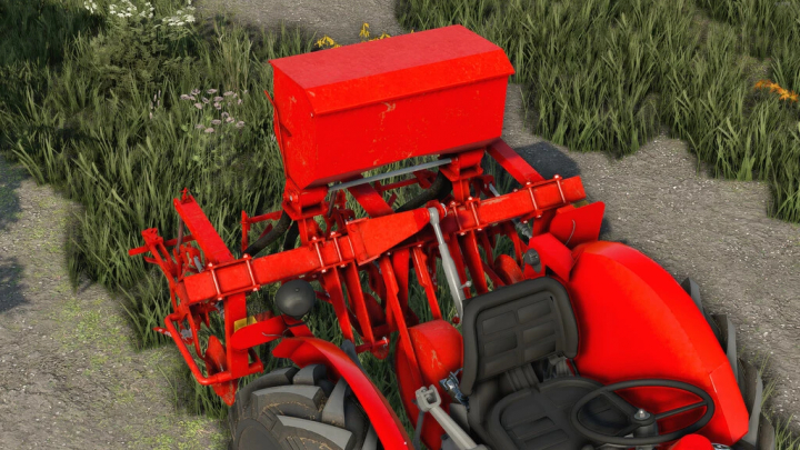 fs22-mods, FS22 mod TIM Weeder 2 Row v1.0.0.0 showing a close-up of red equipment attached to a tractor, used for weeding in Farming Simulator 22.