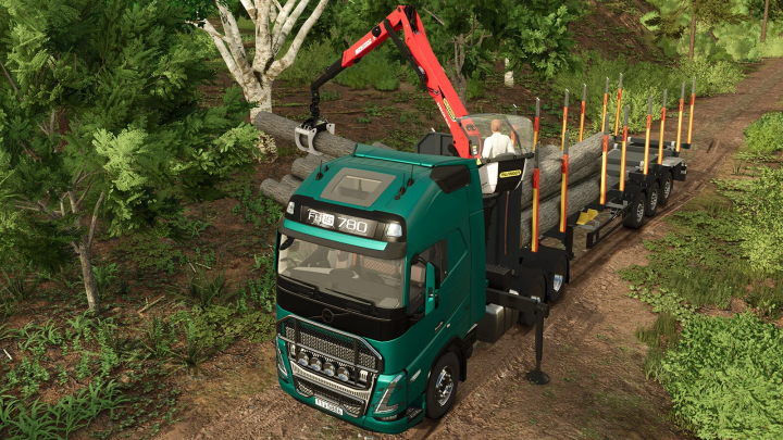 fs25-mods, FS25 mod Volvo FH16 6x4 with PALFINGER EPSILON M12Z loaded with logs on a forest road.