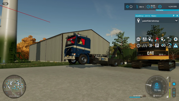 Volvo F12 vrachtwagen met DTEC-chassis in FS22-modscène, te zien in Farming Simulator 22 gameplay.