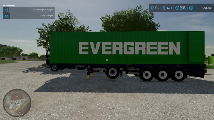 FS22-mod toont een Volvo F12 vrachtwagen met DTEC-chassis en Evergreen-container. Farming Simulator 22 scène.