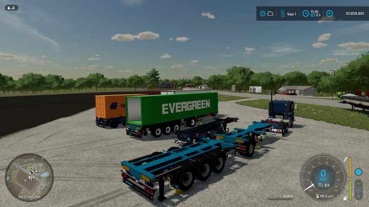 FS22 Volvo F12 met 20ft en DTEC chassis mod in Farming Simulator 22, toont trailers met containers.