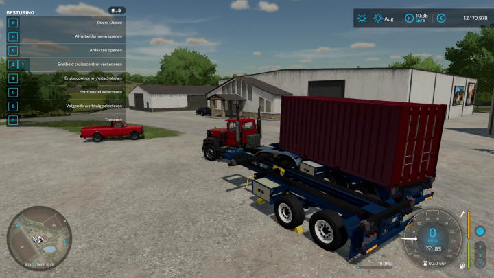 FS22-mod met Volvo F12 vrachtwagen en 20ft container op DTEC-chassis in Farming Simulator 22.