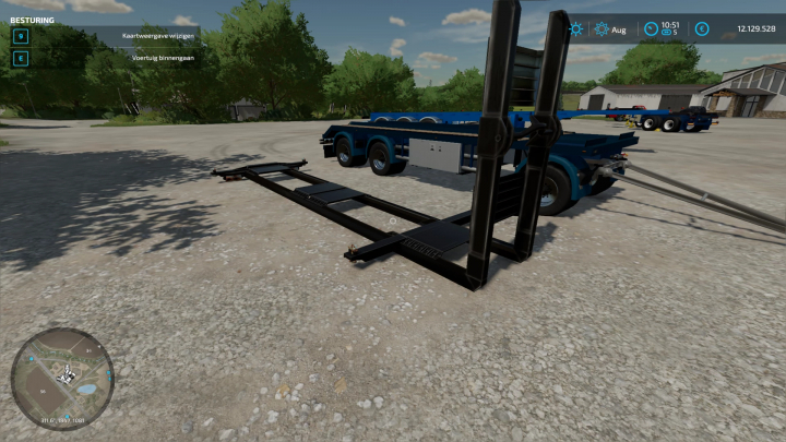 Farming Simulator 22 mod toont Volvo F12 met 20ft en DTEC chassis op een boerderij.