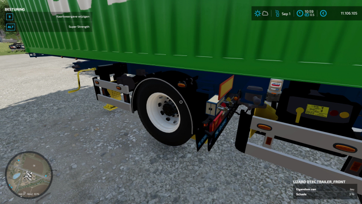 Close-up van een DTEC-aanhanger in Farming Simulator 22 mod Volvo F12, toont aanhangerwiel en details.