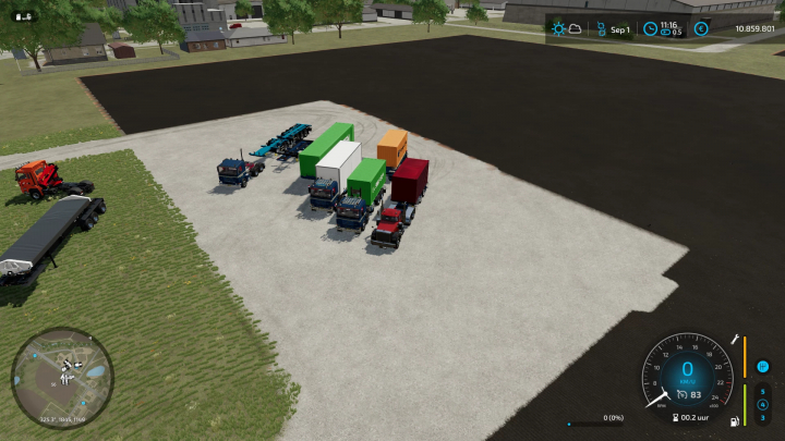 FS22 mods: Volvo F12 met kleurrijke containers en trailers op een boerderij, Farming Simulator 22.