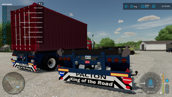 FS22 mod Volvo F12 met 20ft container en DTEC chassis in Farming Simulator 22 met achteraanzicht en besturingsoverlay.