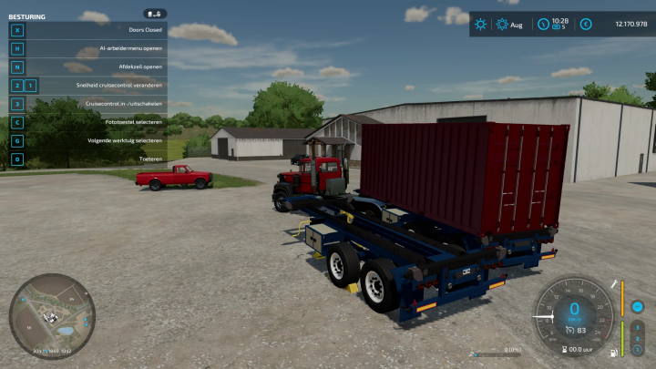 FS22 mod-weergave: Volvo F12 met 20ft container op DTEC-chassis in Farming Simulator 22.