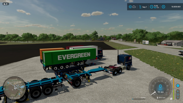 FS22-mod met Volvo F12-vrachtwagen, 20ft Evergreen-container en DTEC-chassis in een landbouwomgeving.