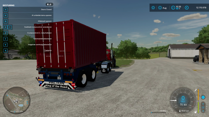 FS22-mod met Volvo F12 en 20ft container op een DTEC-chassis, geparkeerd op een landelijke weg.