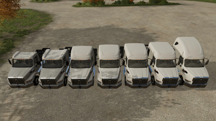 Top view of six WesternStar 49X trucks in Farming Simulator 22 mod.