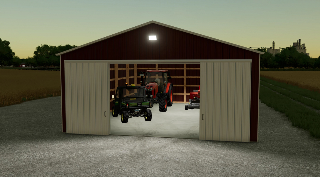 Mod FS22 30x40 abri avec tracteurs et équipements à l'intérieur, scène de Farming Simulator 22.