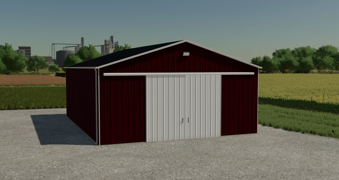 Mod de hangar 30x40 pour Farming Simulator 22, présentant une grange rouge et blanche en milieu rural.