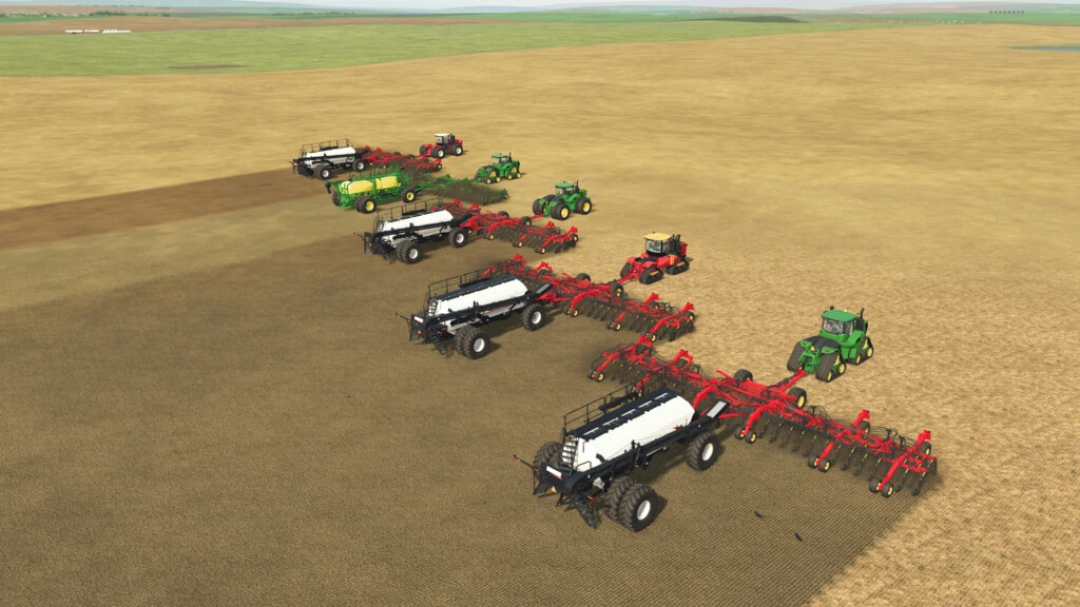 FS22 Abbey Saskatchewan mod: tractors and seeders in a large open field.