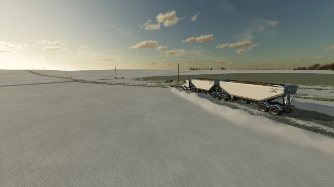 FS22 mod Abbey Saskatchewan v1.0.0.0: Two trailers on a snowy road during sunset in Farming Simulator 22.