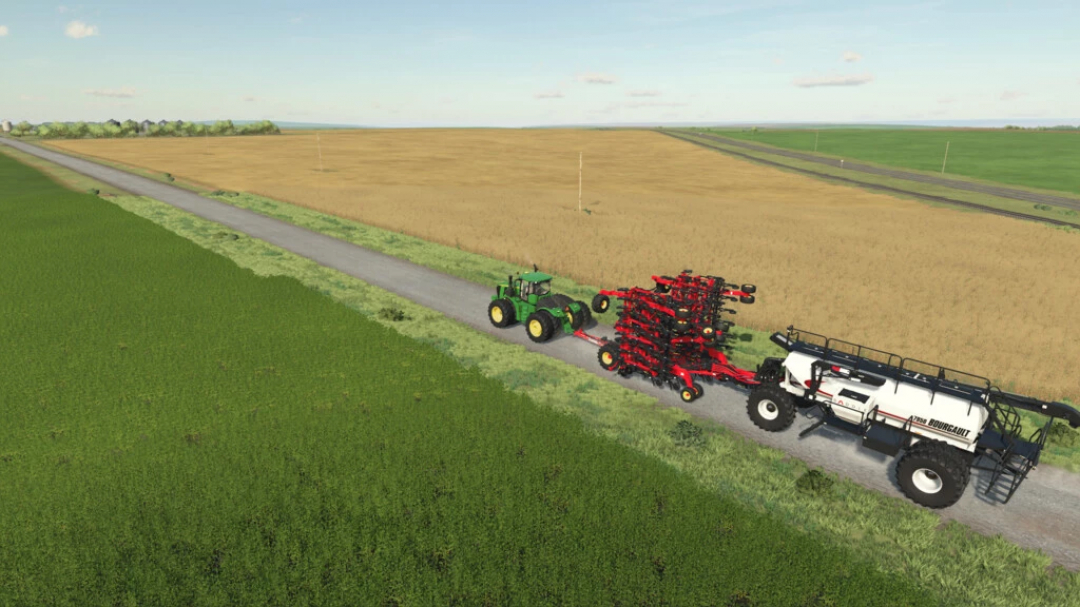 FS22 mod Abbey Saskatchewan v1.0.0.0 features a tractor with agricultural machinery on a rural road in Farming Simulator 22.