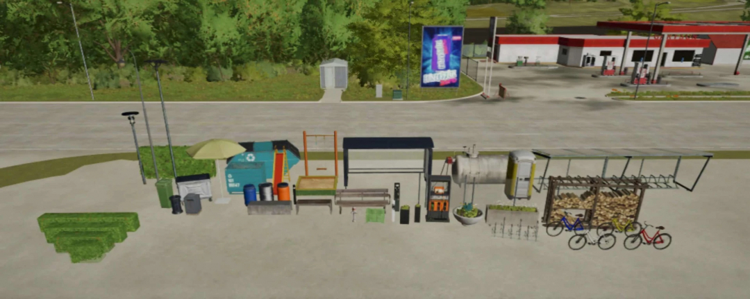 FS25 Alpine Props mod v1.0.0.0 met tankstation, fietsen en buitenmeubilair voor Farming Simulator 25.