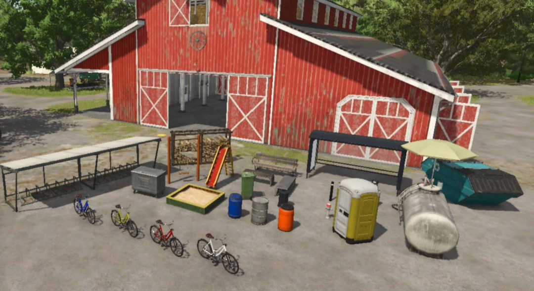 FS25 Alpine Props mod toont diverse boerderijartikelen voor een rode schuur.