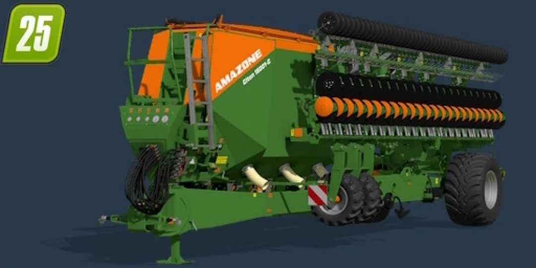 FS25 Mod Amazone Citan 15001 Multifruit v1.0.0.0, ein detaillierter grün-orangefarbener Sämaschine für Farming Simulator 25.