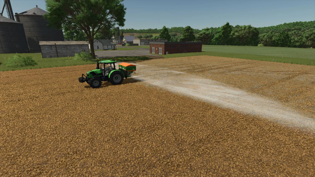 Traktor verteilt Dünger mit Amazone ZA-TS 3200 Mod in Farming Simulator 25.