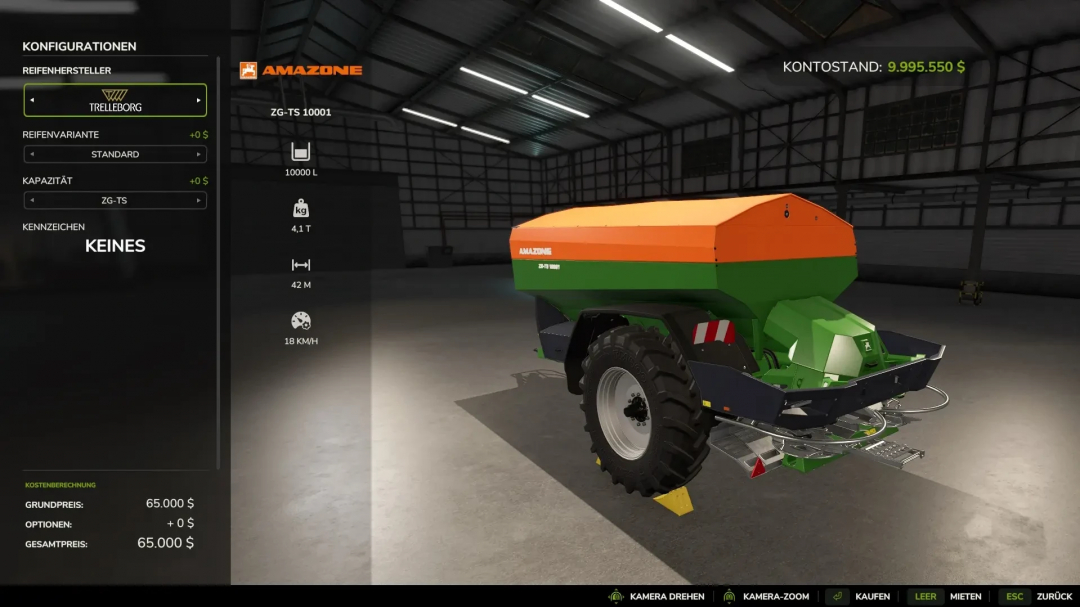 Amazone ZG-TS 10001 Dual Mod-Einstellungen im FS25-Spiel, zeigt Anpassungsoptionen.