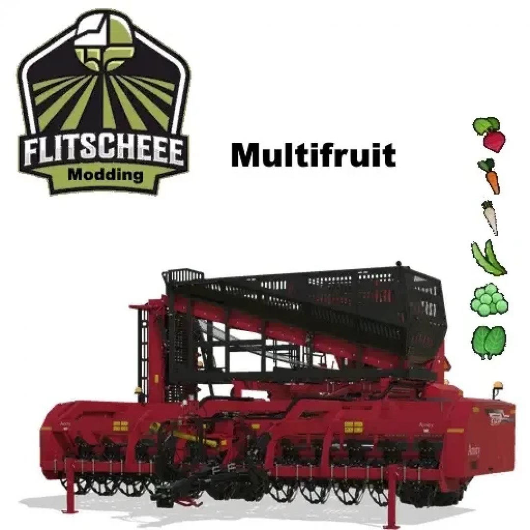 FS25 mods: Amitytech 2720 Multifruit v1.0.0.0 mod showing a red multifunctional harvester with vegetable graphics and Flitscheee Modding logo.