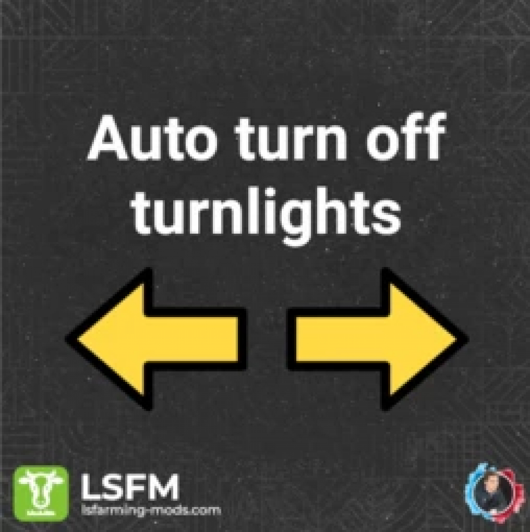 FS25 mod image for 'Auto turn off turn lights v1.0.0.0' featuring yellow arrows, Farming Simulator 25 logo.