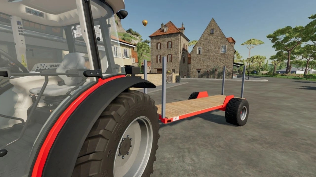 FS22 Mods: Builder CMS Trailer v1.0.0.1 mit Traktor in einem Dorf in Farming Simulator 22.