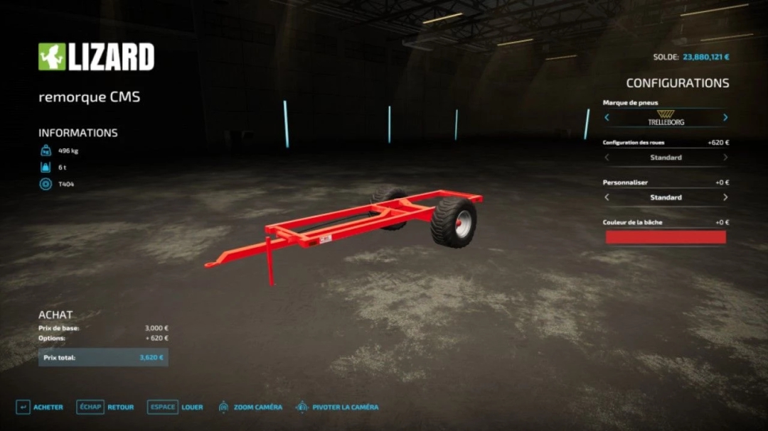 FS22-Mod-Bild zeigt den Builder CMS Anhänger v1.0.0.1 mit Konfigurationen in einer Garage.