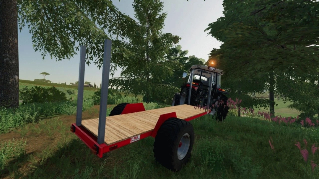 FS22-Mod-Image des Builder CMS-Trailers v1.0.0.1 in einer grünen Farmumgebung.