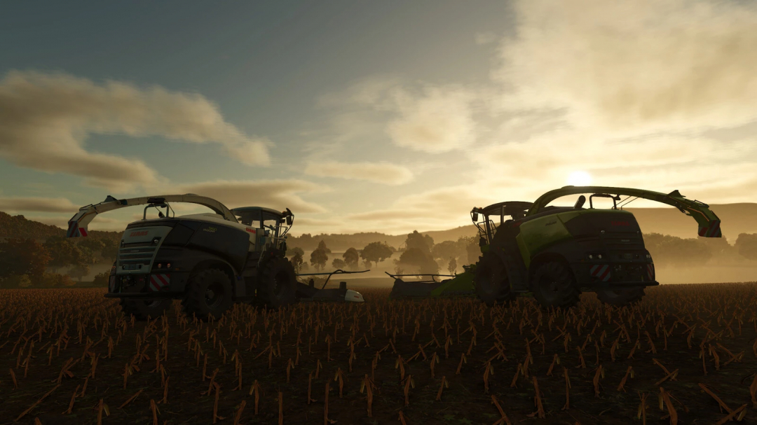 CLAAS JAGUAR 990-930 mod in Farming Simulator 25, featuring two forage harvesters in a field at sunset.