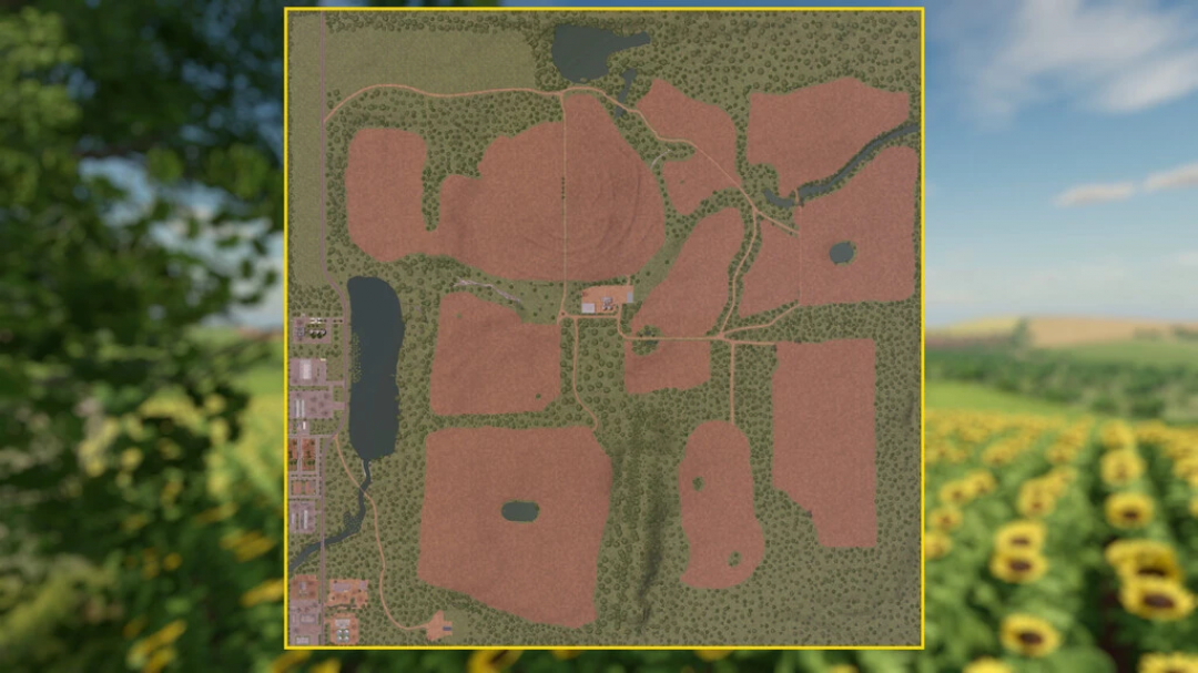 Vista mappa del mod Canarinho Farm per FS22, con campi e percorsi diversi.