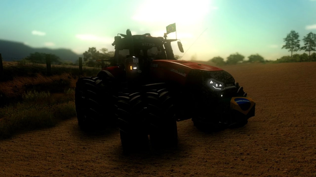 Case IH Magnum tractor mod in FS22 with Brazil flag at sunset.