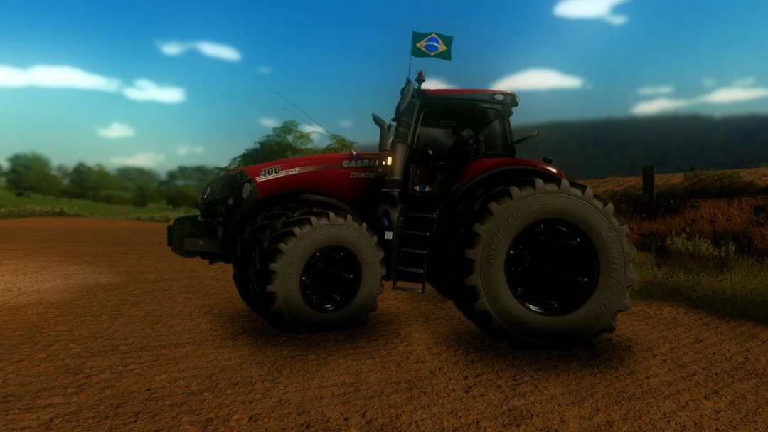 FS22 mod Case IH Magnum AFS Connect tractor with Brazilian flag on dirt road.