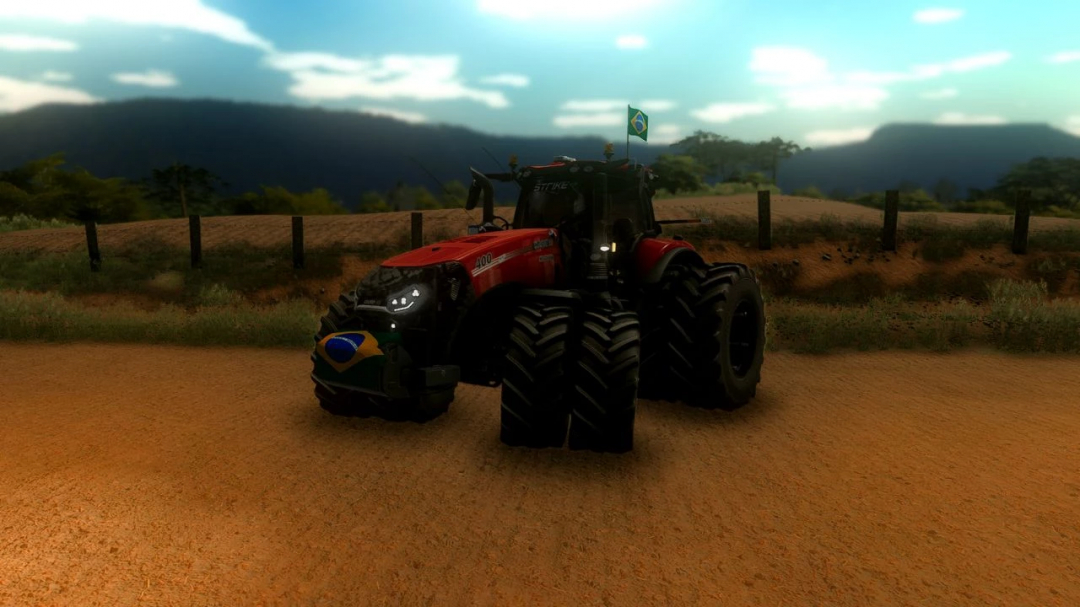 Tracteur Case IH Magnum AFS Connect avec drapeau brésilien dans FS22 mods, paysage agricole.