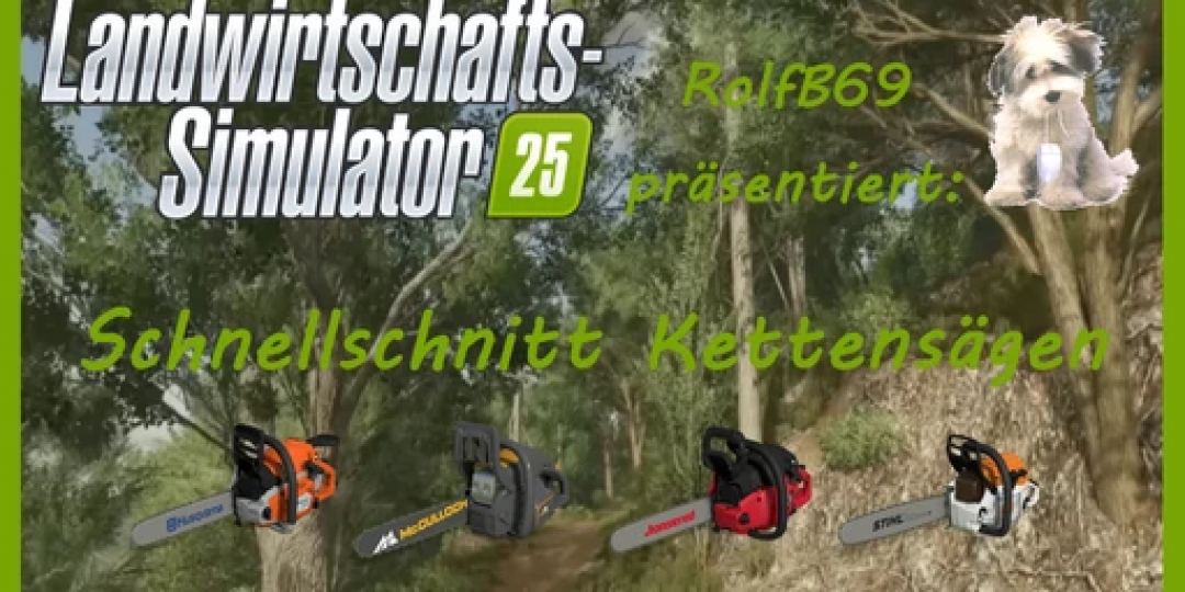 FS25 mod Chainsaw Fastcut v1.0.0.0 displayed with four chainsaw models in forest background.