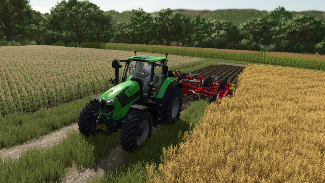 Green tractor with Cultivator Pack mod in FS25 working on a field.