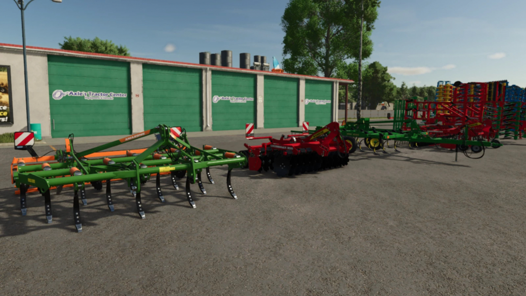 FS25 mods: Cultivator Pack v1.0.0.0 shown in a farm setting, various cultivators displayed outside a green tractor center.