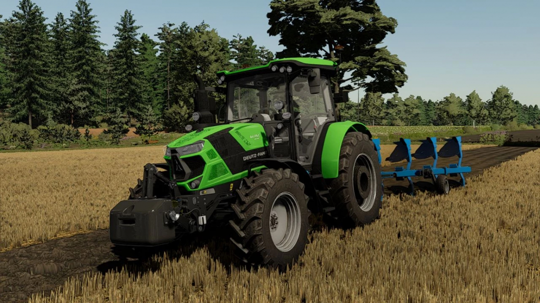 Mod do FS22 z ciągnikiem Deutz Fahr 6135C orzącym pole w otoczeniu drzew w Farming Simulator 22.